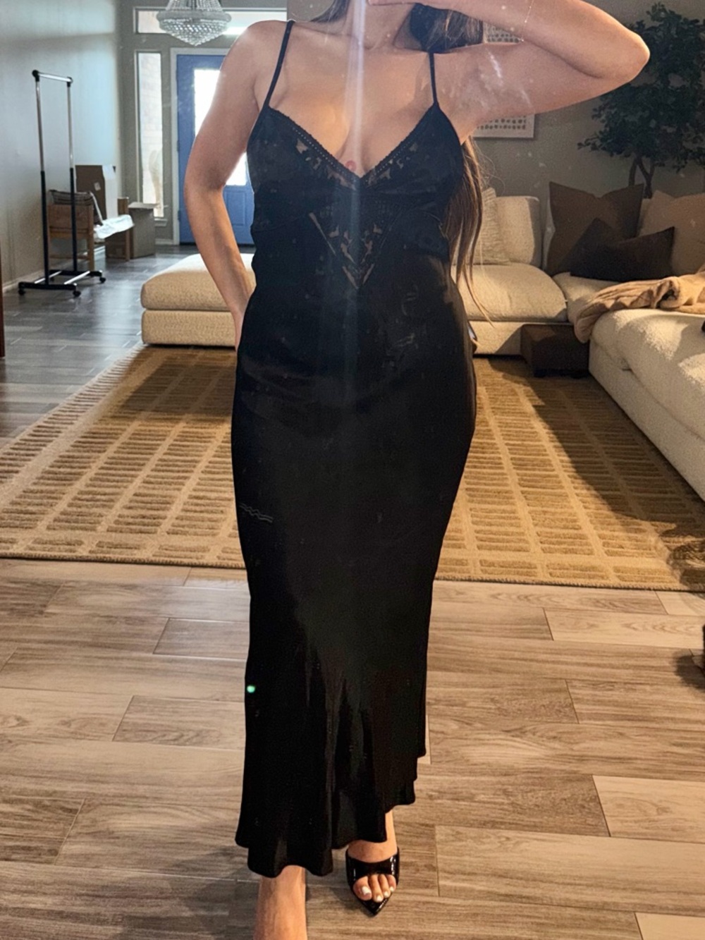 Zara Black Satin Slip Midi Dress with Lace Trim